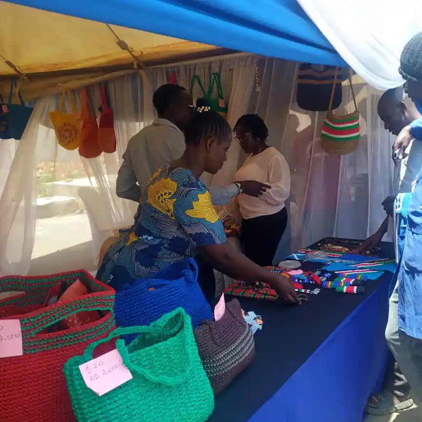 DestinyImpact CBO beneficiaries from Bungoma, Kenya, presenting their handmade crafts and products at an international exhibition in South Sudan.